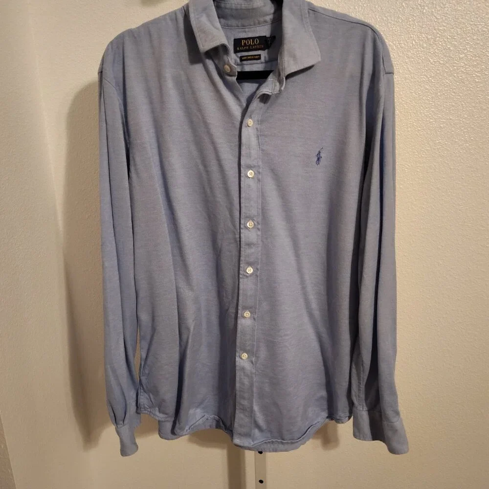 Polo Ralph Lauren Men's Knit Dress Shirt Size XXL Blue Cotton Long Sleeve Button